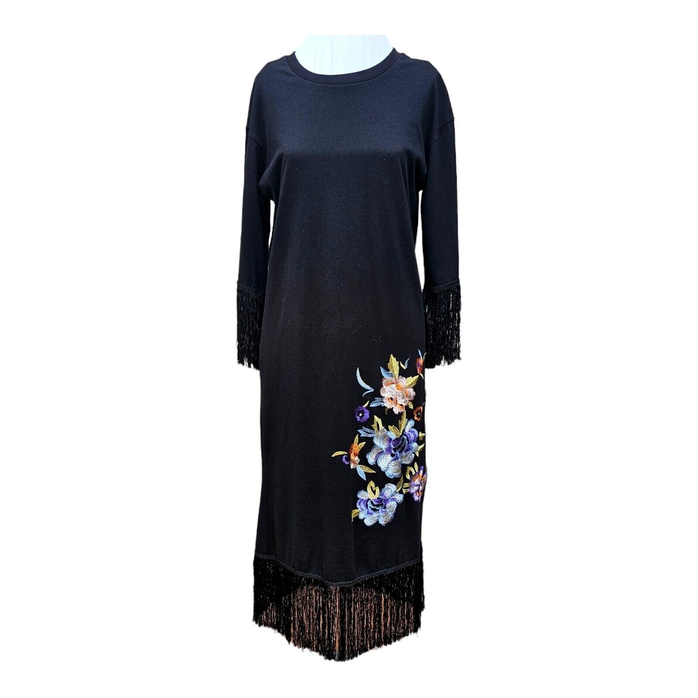 Zara Trafaluc Dress Embroidered Floral Maxi Black Fringe Sleeves & Hem Sz Small